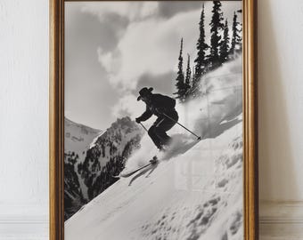 Vintage Cowboy Ski Poster Print, Black and White Western Wall Art (Digital Download)