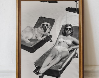 Retro 1950s Golden Retriever Beach Photo Print, Black and White Vintage Photo, Retro Dog Beach Tanning Art, Printable Digital Download