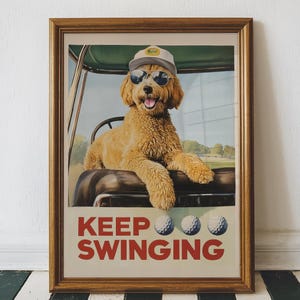Funny Goldendoodle Art, Custom Dog Golf Art Print, Vintage Golf Wall Art, Dog Playing Golf, Keep Swinging, Printable Digital Download