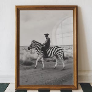 Vintage Cowboy Zebra Poster Wall Art, Retro Black and White Western Desert Art Print, Sports Art Print, Printable Digital Download