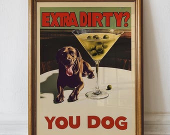 Chocolate Lab Dirty Martini Wall Art, Custom Dog Bar Cart Art Print, Vintage Funny Labrador Dog Cocktail Art, Printable Digital Download