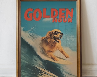Retro Surfing Golden Retriever Art Print, Beach House Decor (Digital Download)