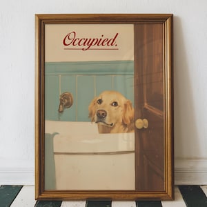 Funny Golden Retriever Bathroom Art Print, Custom Dog Bathtub Oil Painting Wall Art, Animal Bathroom Art, Printable Digital Download