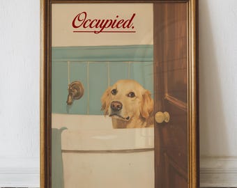 Funny Golden Retriever Bathroom Art Print, Custom Dog Bathtub Oil Painting Wall Art, Animal Bathroom Art, Printable Digital Download