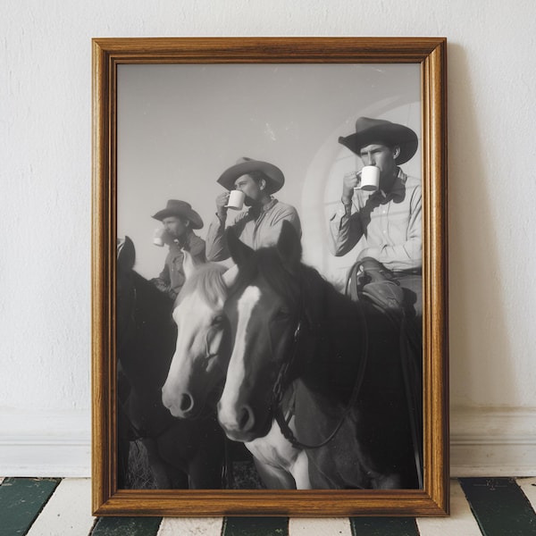 Vintage Cowboy Coffee Wall Art, Retro Black and White Western Art, Texas Cowboy Southern Breakfast Bar Print, Printable Digital Download