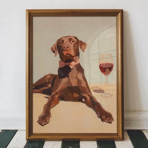 Chocolade labrador rode wijn elegante olieverfschilderij print, chocolade lab wijnbar kunst aan de muur, grappige hond smoking kunst, afdrukbare digitale download