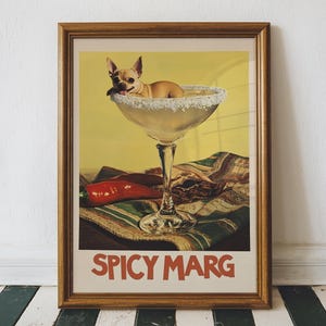 Kunst aan de muur chihuahua, grappige barwagen Art Print, leuke retro poster, kunst aan de muur pittige Margarita, hond met Margarita, afdrukbare digitale download