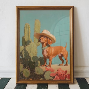 Teckel cowboy elegante olieverfschilderij, westernhond cowboy woestijncactus, country western kunst, afdrukbare digitale download