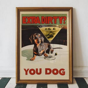 Funny Dachshund Art, Retro Aesthetic Dog Bar Cart Art Print, Dirty Martini Wall Art, Dog Cocktail, Weenie-Tini, Printable Digital Download