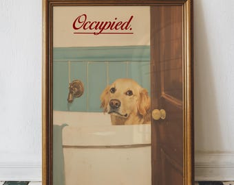 Funny Golden Retriever Bathroom Art Print, Vintage Dog Bathtub Oil Painting Wall Art, Animal Bathroom Art, Printable Digital Download