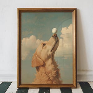 Golden Retriever Golf Ball Elegant Oil Painting Print, Golden Dog Golfer Art, Retro Retriever Golf Print, Printable Digital Download