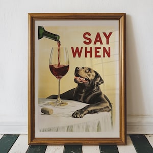 Grappige chocolade laboratoriumkunst, vintage esthetische hondenbarwagen kunstprint, rode wijn kunst aan de muur, hond wijnbar print, afdrukbare digitale download