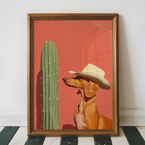 ダックスフント カウボーイ エレガントな油絵プリント、レトロな西部の犬のカウボーイ アート、テキサス砂漠のアート、印刷可能なデジタル ダウンロード