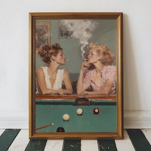Póster vintage de billar femenino fumando, pintura al óleo retro de los años 70, impresión digital imprimible.
