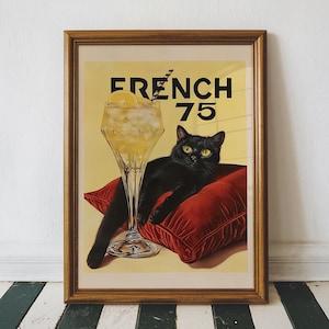 黒猫のウォールアート、ヴィンテージの美的猫バーカートアートプリント、かわいいレトロなフレンチ75ウォールアート、カクテルを持つ猫、印刷可能なデジタルダウンロード
