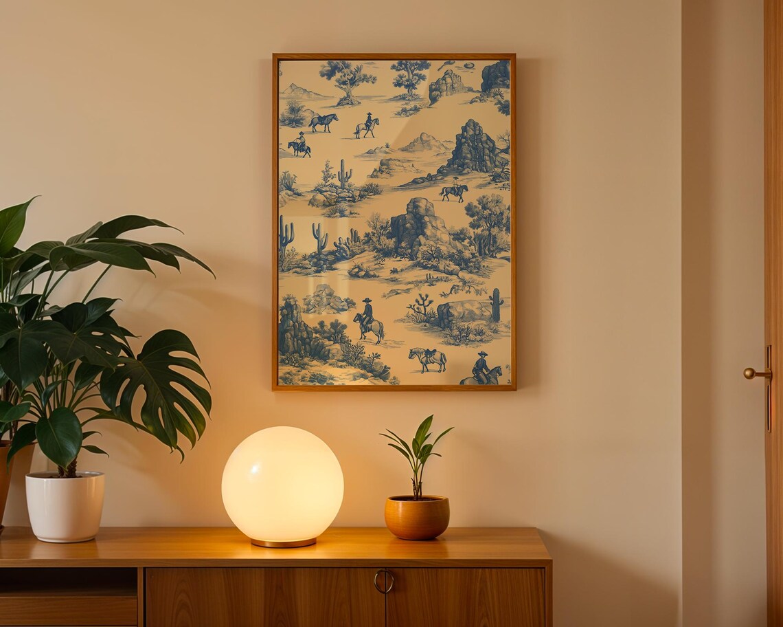 Blue Chinoiserie Cowboy Art Print, Western Landscape (digital Download ...