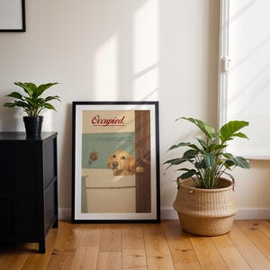 Funny Golden Retriever Bathroom Art Print, Custom Dog Bathtub Oil Painting Wall Art, Animal Bathroom Art, Printable Digital Download image 2