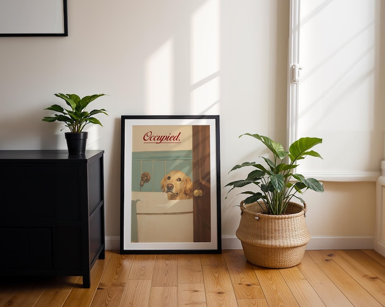 Funny Golden Retriever Bathroom Art Print, Custom Dog Bathtub Oil Painting Wall Art, Animal Bathroom Art, Printable Digital Download image 2