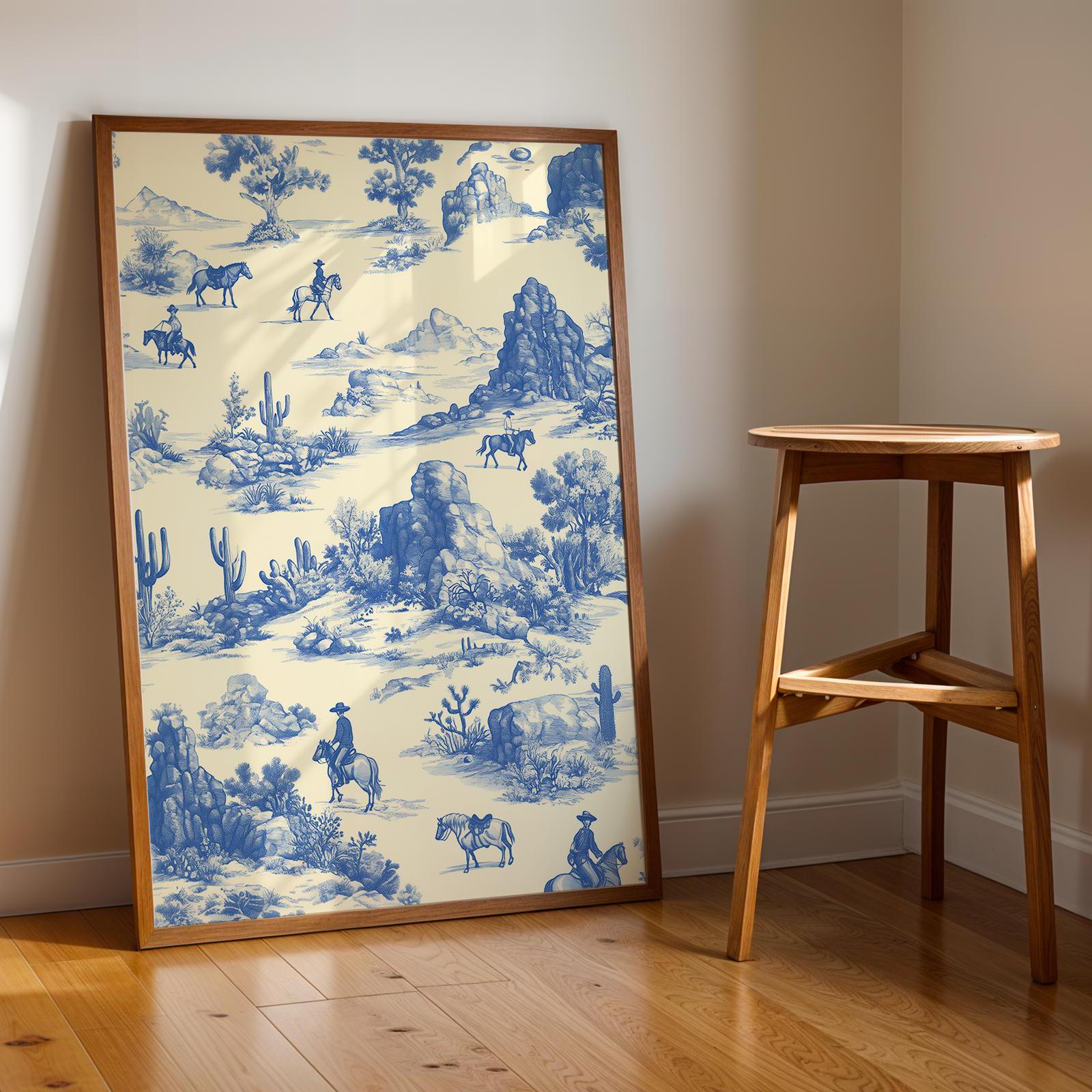 Western Landscape Cowboy Art Print, Vintage Blue Chinoiserie Toile ...