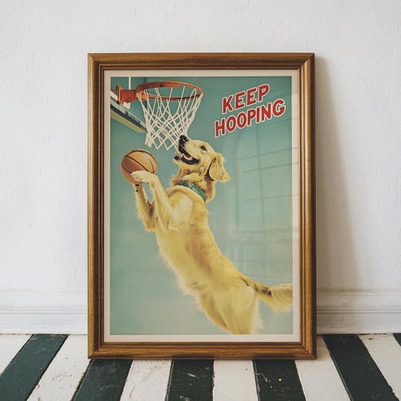 Funny Golden Retriever Basketball Art Print, Vintage Dog Poster (Digital Download)