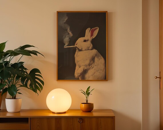 rabbit with cigarette Funny Rabbit Smoking Print, Vintage Poster Wall Art (Digital Download)