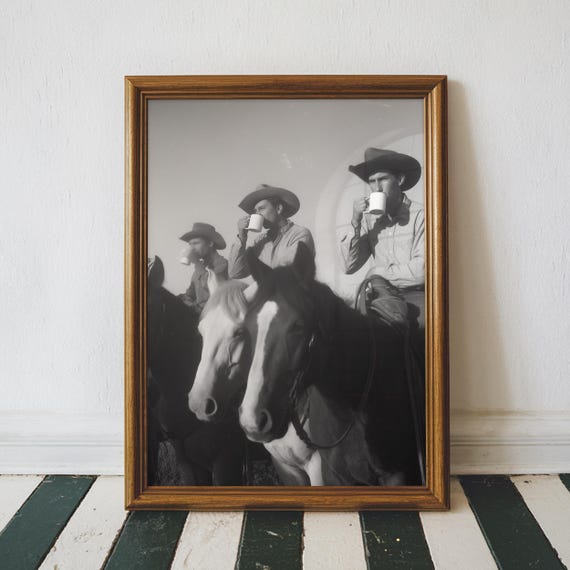 Vintage Cowboy Coffee Wall Art, Retro Black and White Western Art, Texas Cowboy Southern Breakfast Bar Print, Printable Digital Download
