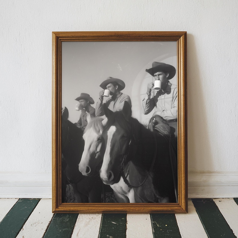Vintage Cowboy Coffee Wall Art, Retro Black and White Western Art, Texas Cowboy Southern Breakfast Bar Print, Printable Digital Download image 1