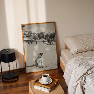 May include: A framed black and white photograph of a dog wearing goggles on skis, set against a snowy mountain backdrop. A black lamp, a wooden tray with a coffee cup, and a bed with beige bedding are in the foreground.