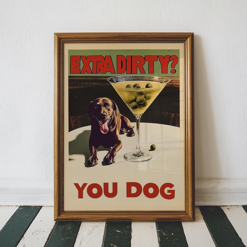 Chocolate Lab Dirty Martini Wall Art, Custom Dog Bar Cart Art Print, Vintage Funny Labrador Dog Cocktail Art, Printable Digital Download image 1