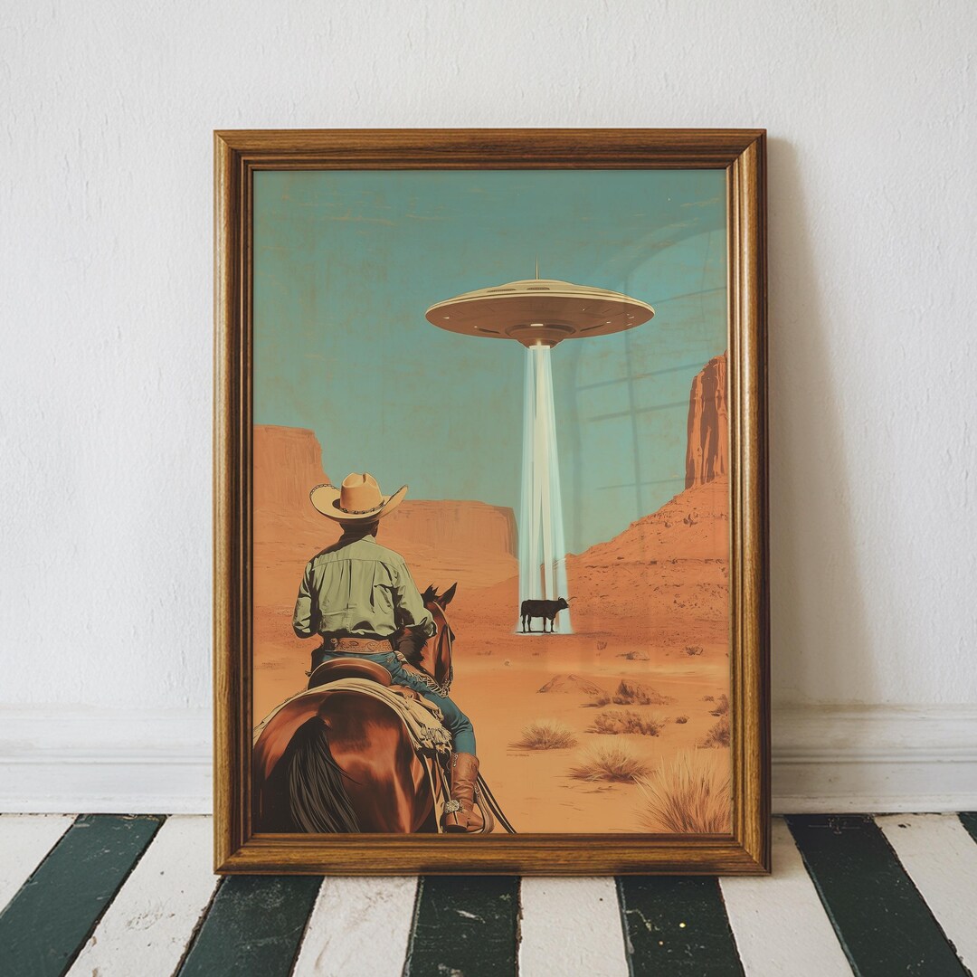Retro Cowboys and Aliens UFO Art Print, Western Cowboy UFO Vintage ...