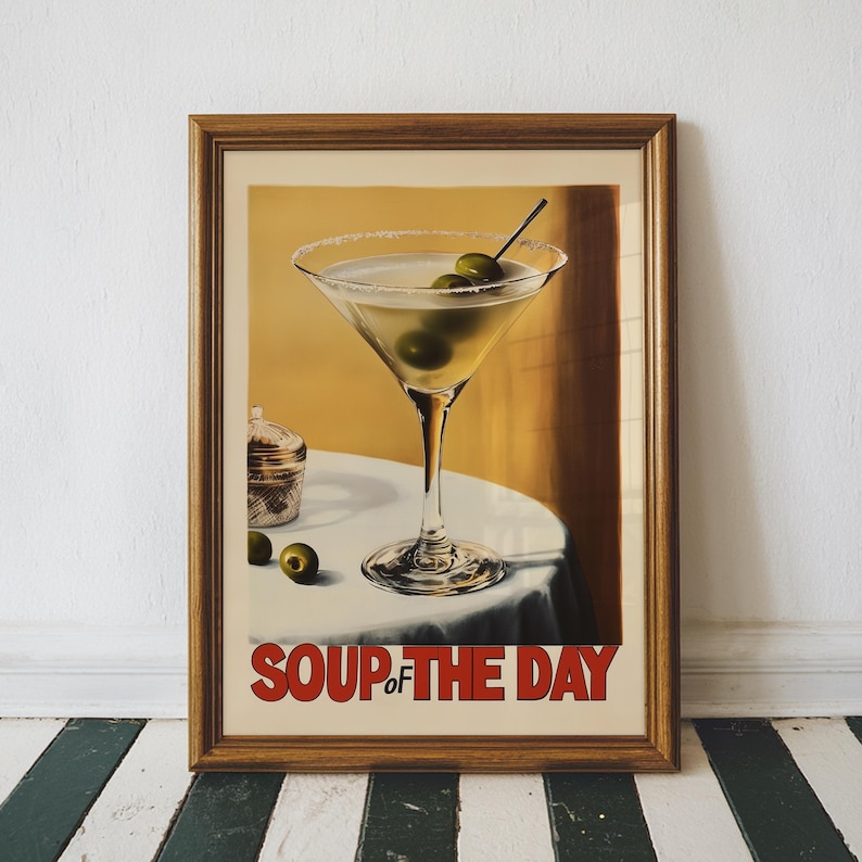 Art rétro Dirty Martini, impression d'art vintage Dirty Martini Cocktail Bar Cart, Olive Martini Art, soupe du jour, téléchargement numérique imprimable image 1