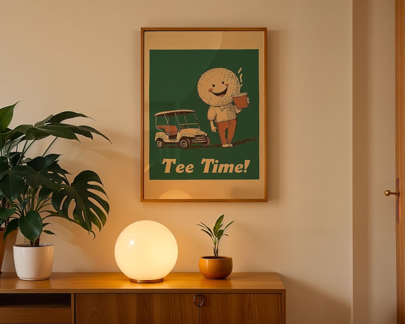 May include: A framed poster with a green background featuring a cartoon golf ball character holding a cup of coffee. The character is standing next to a golf cart. The poster has the text "Tee Time!" printed on it. The poster is hanging on a wall above a wooden table with a white lamp and a potted plant.