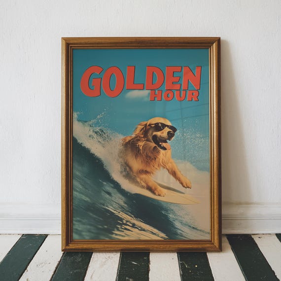 Retro Surfing Golden Retriever Art Print, Beach House Decor (Digital Download)