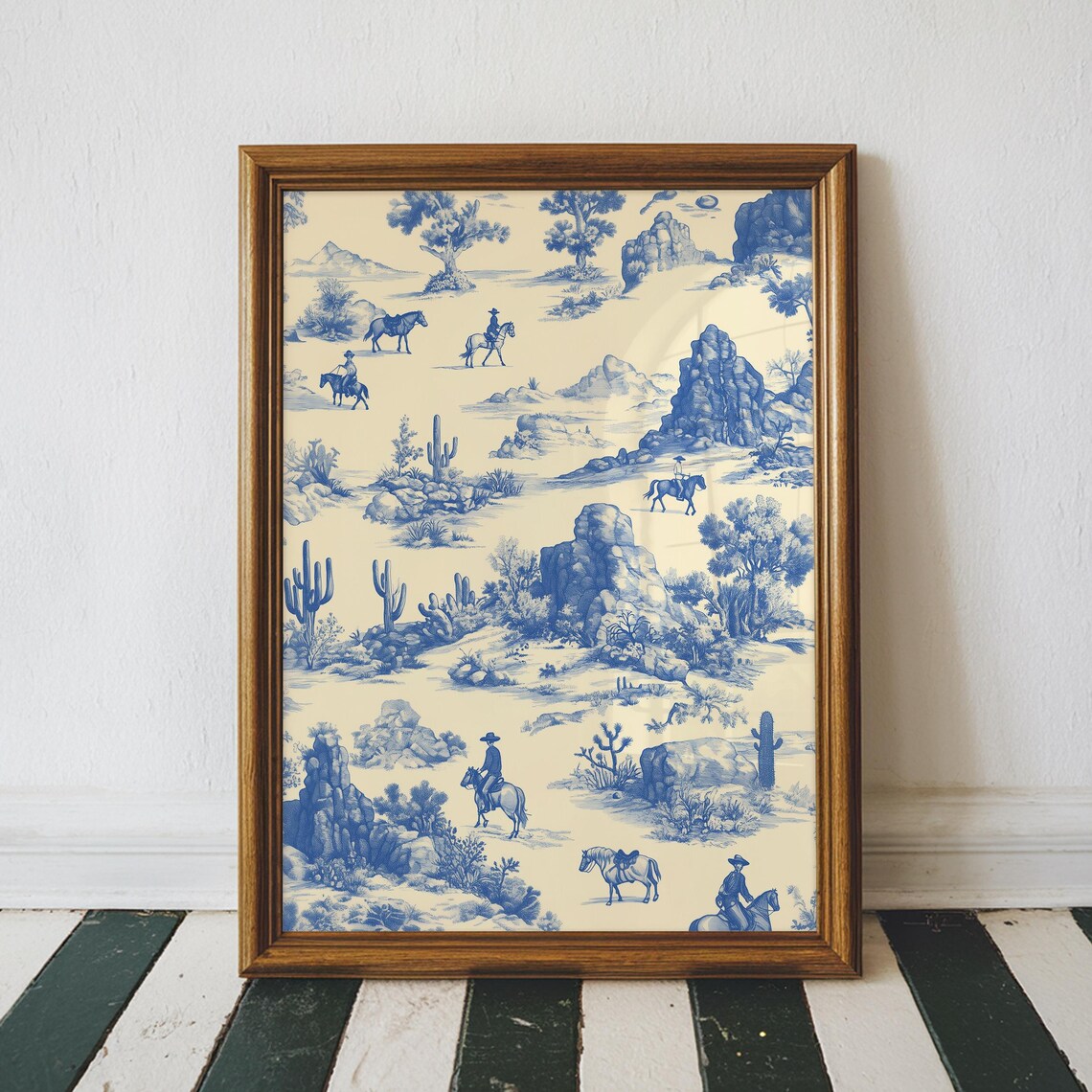 Blue Chinoiserie Cowboy Art Print, Western Landscape (digital Download ...