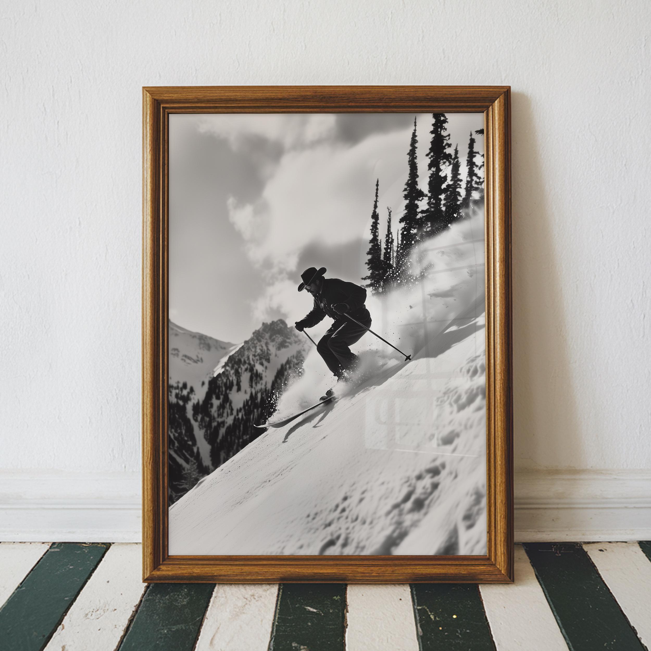 Vintage Cowboy Ski Poster Print, Black and White Western Wall Art