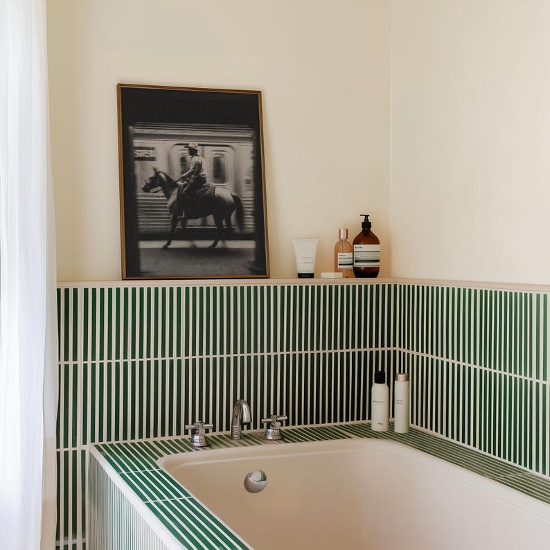 May include: A bathroom scene featuring a framed black and white photograph of a person riding a horse. The room has green and white striped tile, a white bathtub, and toiletries on a shelf. A white curtain is visible.