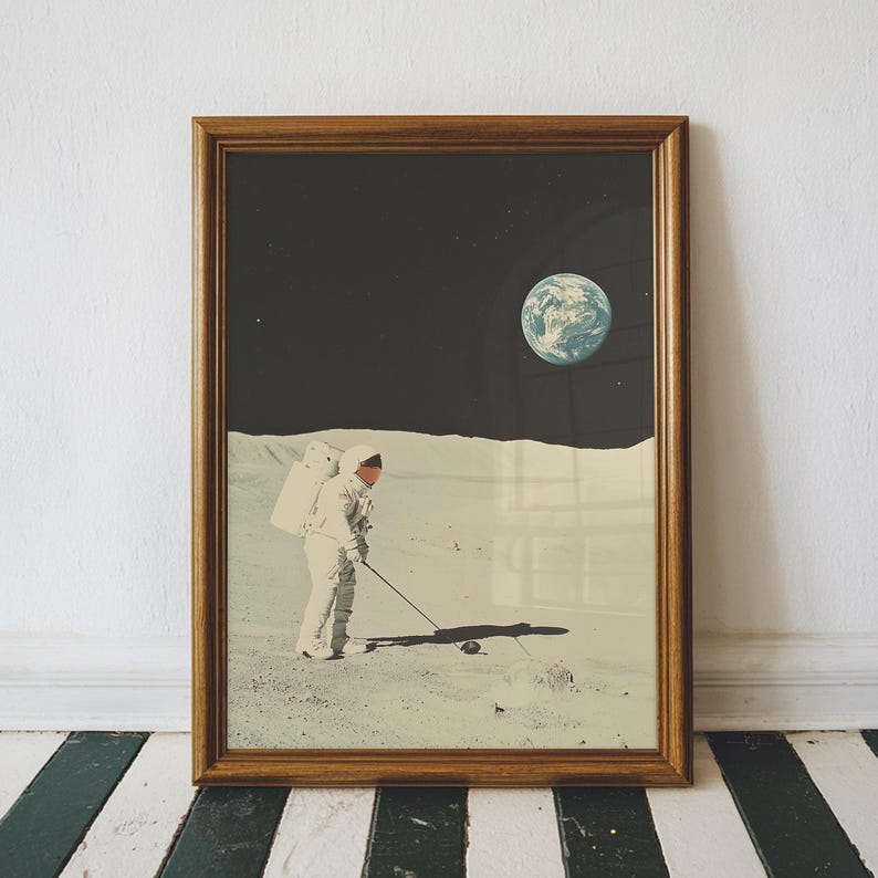 Vintage Space Golf Poster Art Print, Retro Golf Art Print, Funny Golf Tee Time Wall Art Print, Printable Digital Download image 1