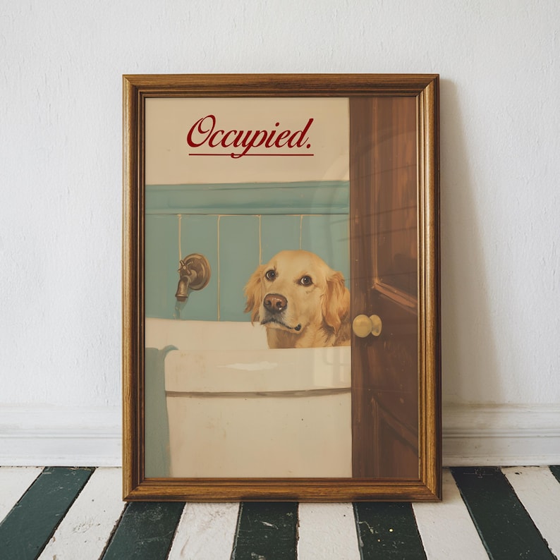 Funny Golden Retriever Bathroom Art Print, Custom Dog Bathtub Oil Painting Wall Art, Animal Bathroom Art, Printable Digital Download image 1