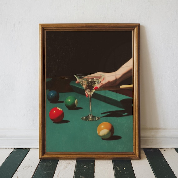 Vintage Dive Bar Martini Pool Poster Art, Retro Billiards Smoking Cocktail Oil Painting Art, Lucky 8 Ball Print, Printable Digital Download