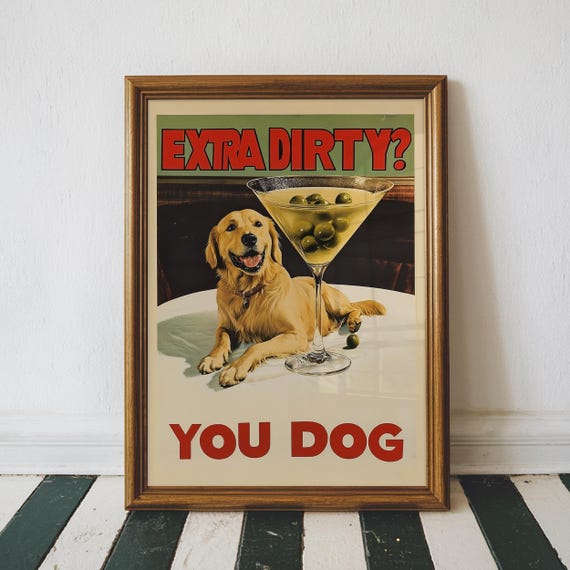 Funny Golden Retriever Art, Custom Dog Bar Cart Art Print, Vintage Dirty Martini Wall Art, Dog with Cocktail, Printable Digital Download