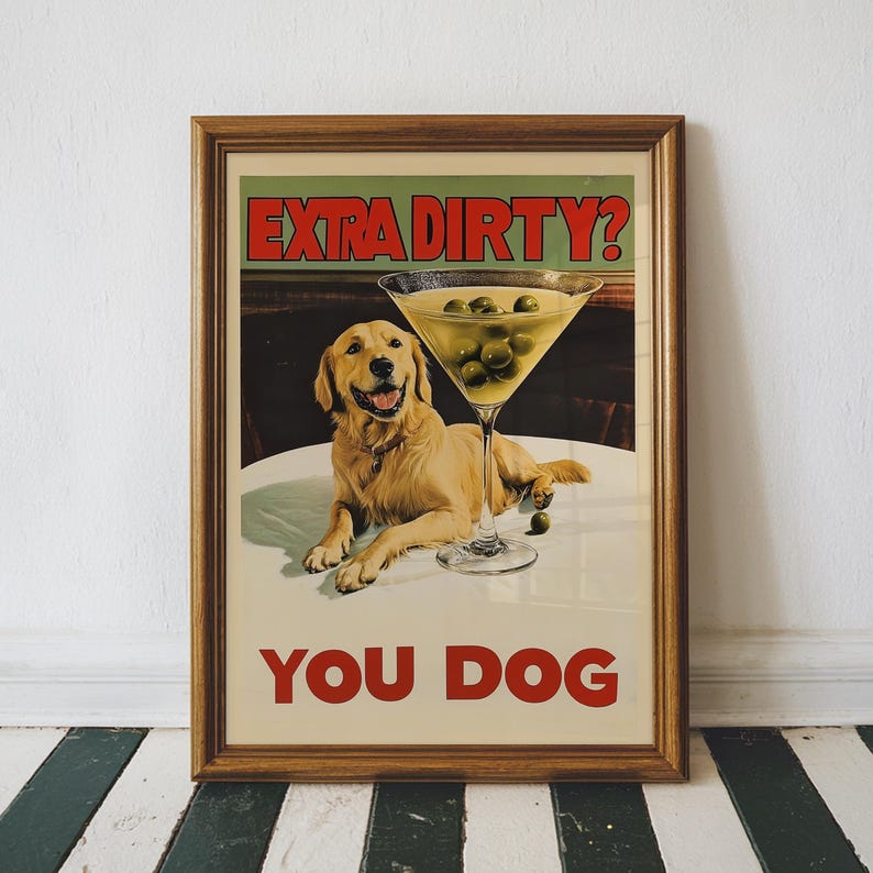 Funny Golden Retriever Art, Custom Dog Bar Cart Art Print, Vintage Dirty Martini Wall Art, Dog with Cocktail, Printable Digital Download image 1