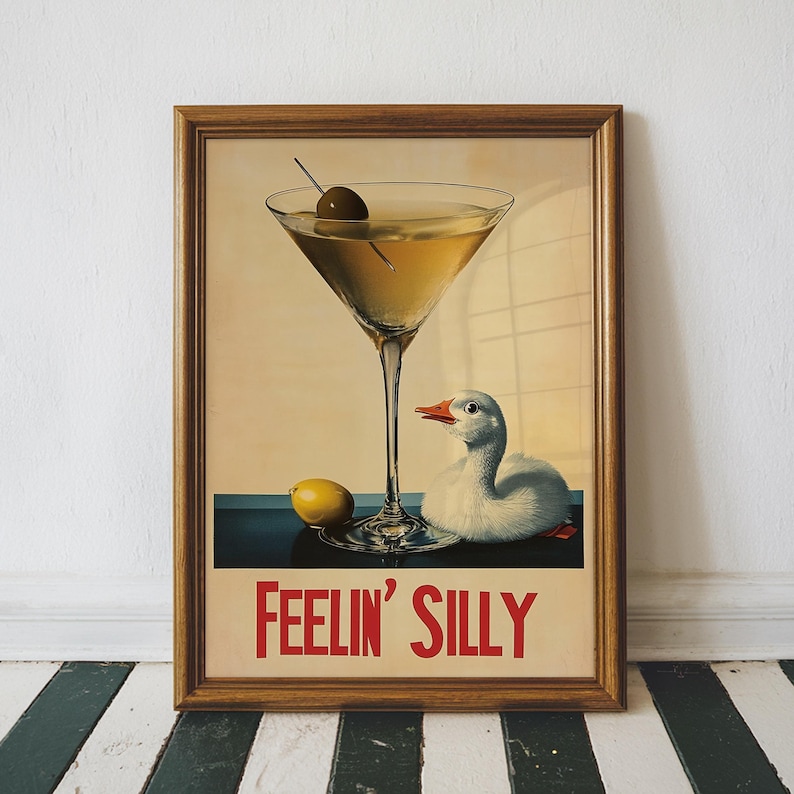 Lámina decorativa con diseño divertido de ganso y martinis para carrito de bar, estilo retro (descarga digital). imagen 1