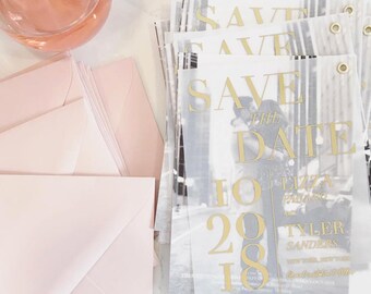 Liza Save the Date // Translucent Vellum Card with Gold FOIL // Photo Cardstock Backer // Gold Eyelet