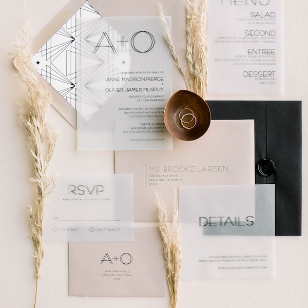 Anne Geometric Vellum Wedding Invitation Suite  (customizable)