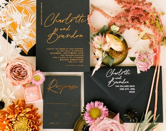 Charlotte Wedding Invitation Suite // Black with Copper Foil // Customizable