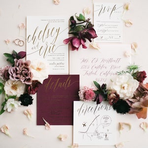 Chelsey Wedding Invitation Suite with Foil Shown in Wine Burgundy, Ivory, Blush Gold Foil Customizable image 1