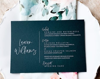 Place card and menu combined! Lauren Wedding + Event Menu - White Ink, Color or Foil - Option to have Customized for Each Guest