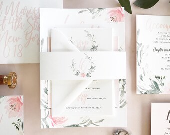 Christian Watercolor Floral Wreath Wedding Invitation Suite with Belly Band // Blush Pink + Greenery // Customizable