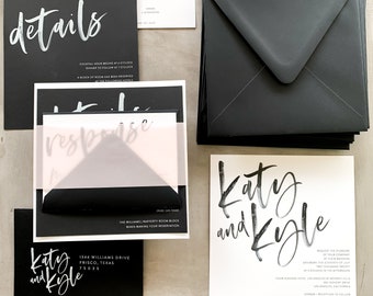 Katy Square Wedding Invitation Suite with White Ink  (customizable)