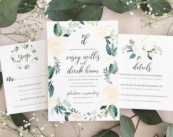 Casey Wedding Invitation Suite with Translucent Vellum Wrap +  Watercolor Greenery Floral Wreath (Customizable)